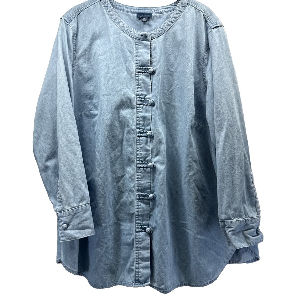 J Jill Denim Top Size XL Petite Long Sleeve Blue Chambray Covered Buttons Cotton